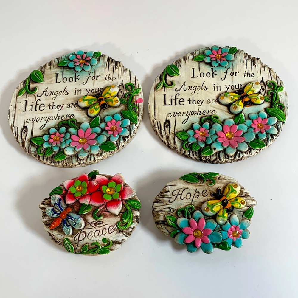 Greenbrier Peace Hope Angel Set of 4 Concrete Inspirational Floral Faux Stones